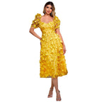 Damen Rüschenmaxikleid mit floralen Applikationen und Puffed-Ärmeln R&B