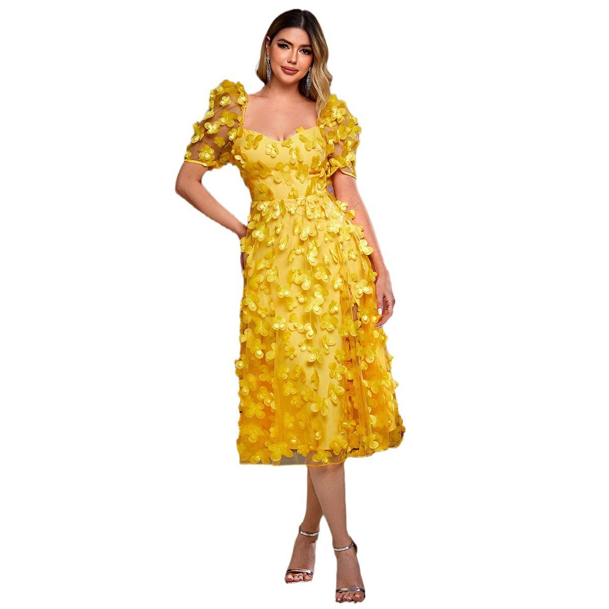 Damen Rüschenmaxikleid mit floralen Applikationen und Puffed-Ärmeln R&B