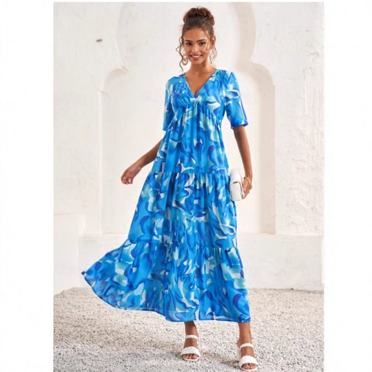 Damen Maxikleid mit voluminösen Rüschen und modischem V-Ausschnitt R&B