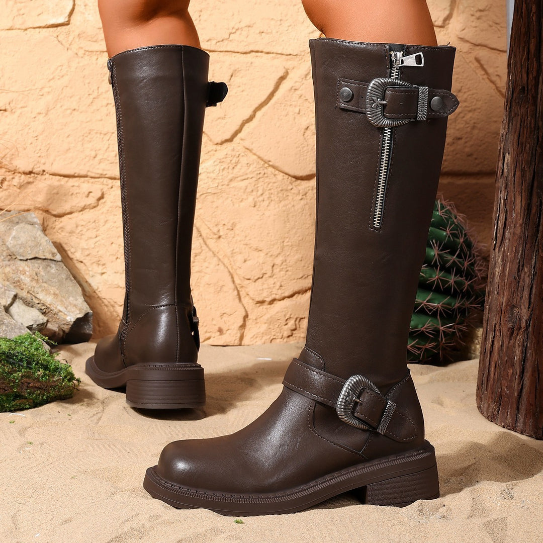 Damen Lange Stiefel mit modischem Gürtel und robustem Profil R&B