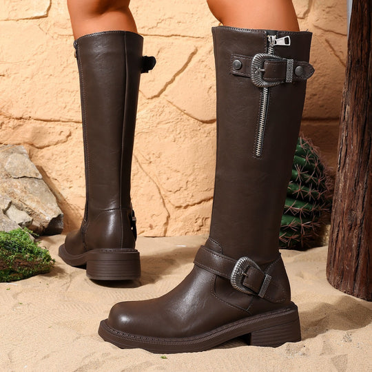 Damen Lange Stiefel mit modischem Gürtel und robustem Profil R&B