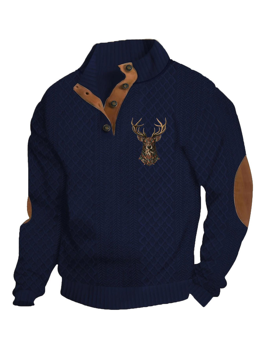 Herren nan Heritage-Strukturpullover mit Stehkragen Lederimitat-Besatz Ellenbogen-Patches und Halbknopfleiste R&B