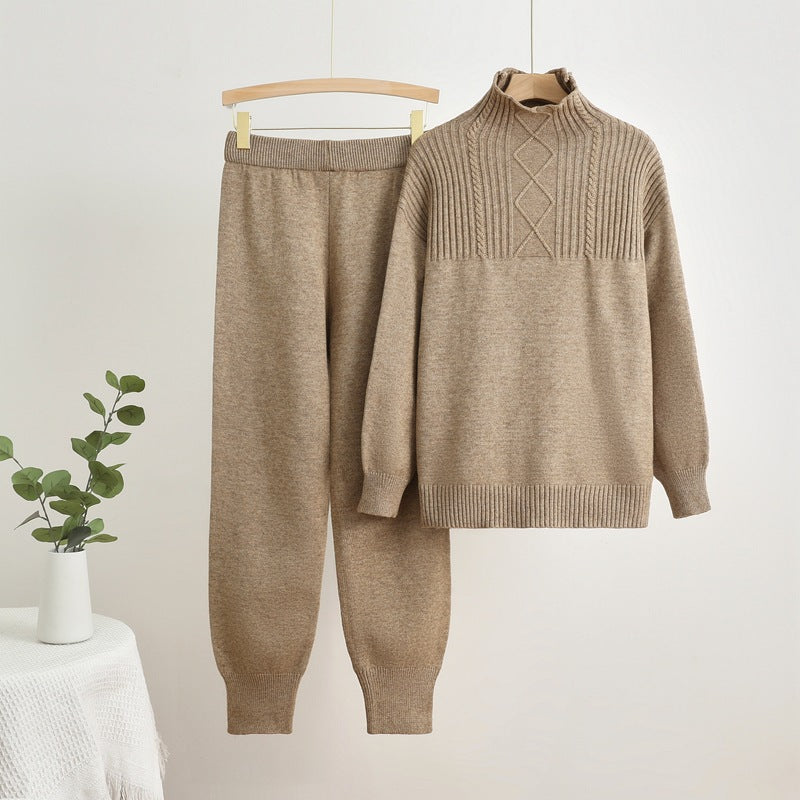 Damen gemütliches Strick-Loungewear-Set mit hohem Kragen und Rippstruktur R&B