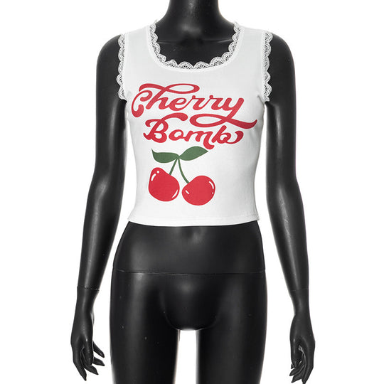Damen lässiges Crop-Top mit charmantem Spitzenrand und fröhlichem Print R&B