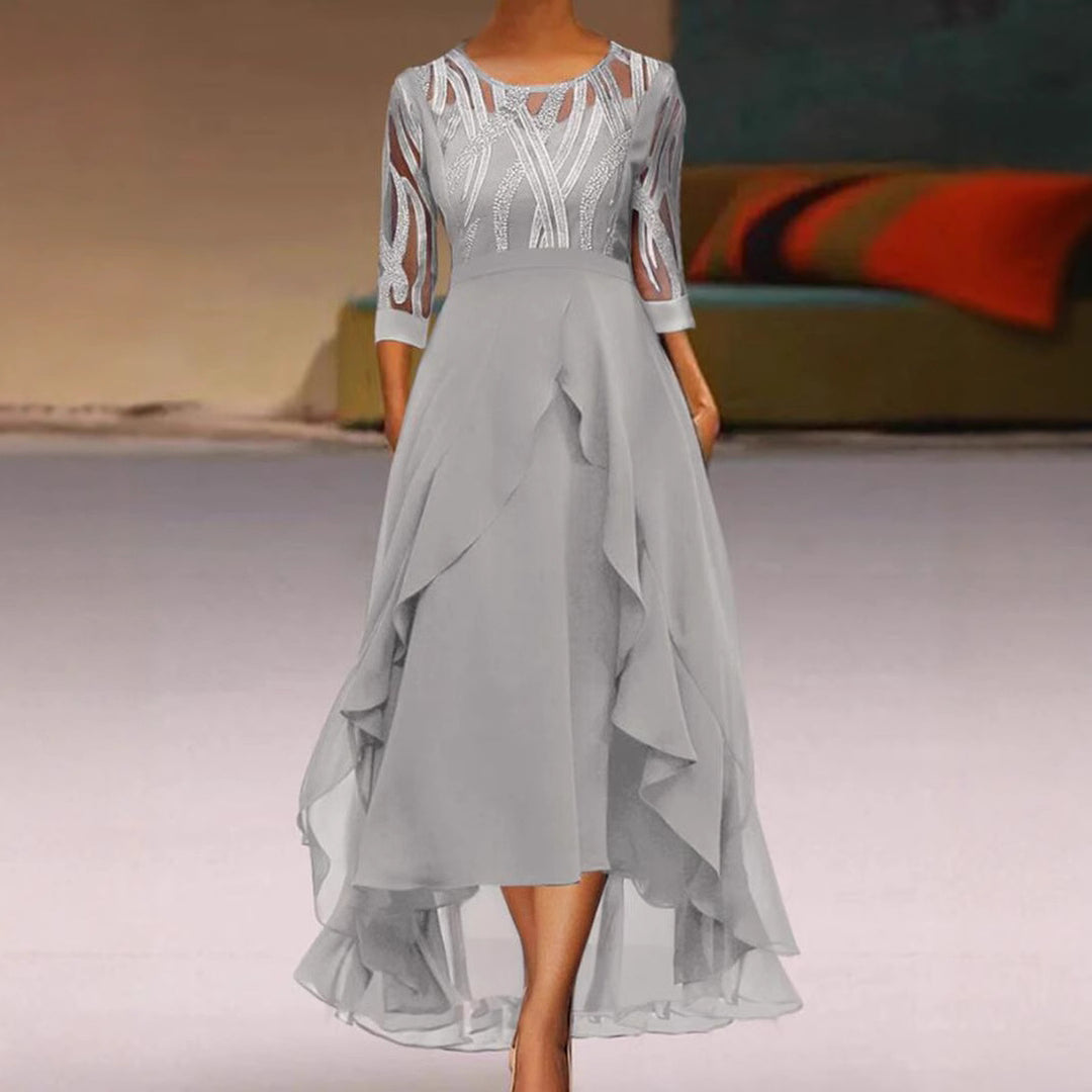 Damen nan edles Chiffon-Abendkleid mit besticktem Tülloberteil, Dreiviertelärmeln und asymmetrischem Stufen-Saum R&B
