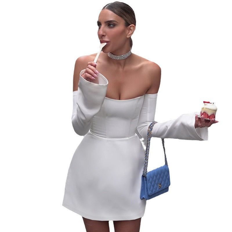 Damen Elegantes Mini-Kleid mit Off-Shoulder-Design und weiten Ärmeln R&B