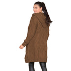 Damen Langer Strickmantel mit elegantem Zopfmuster und Kapuze R&B