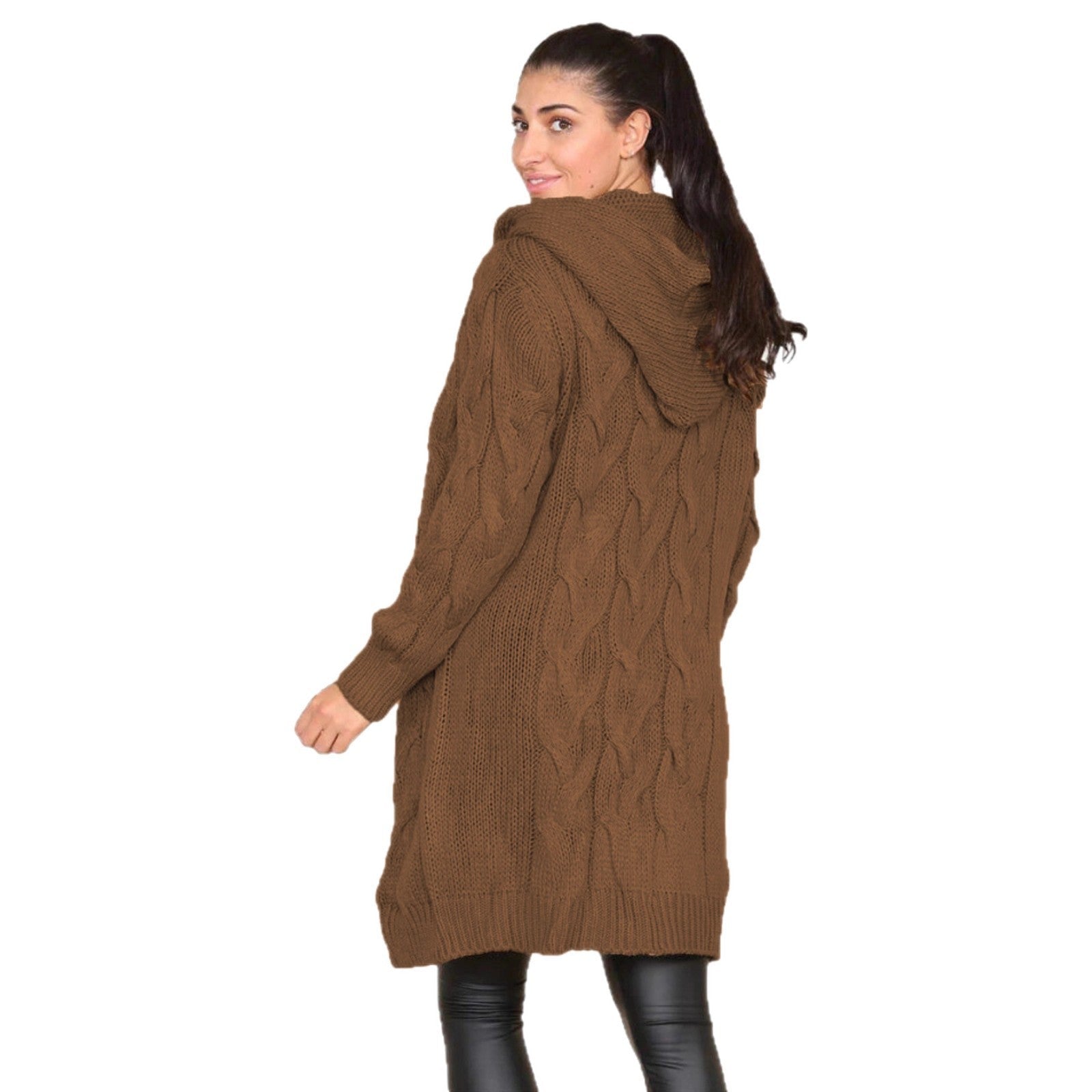 Damen Langer Strickmantel mit elegantem Zopfmuster und Kapuze R&B