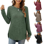 Damen Bequemer Ripp-Pullover mit seitlichen Schlitzen und Rundhals