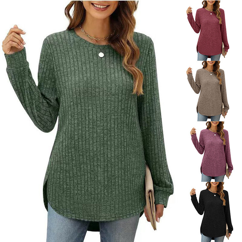 Damen Bequemer Ripp-Pullover mit seitlichen Schlitzen und Rundhals