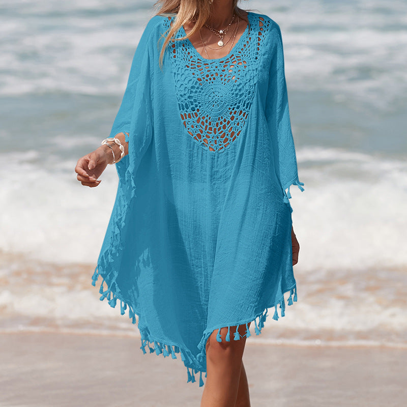Damen Häkel-Strandüberwurf mit fransigem Saum und elegantem Lochmuster R&B