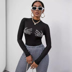 Damen nan figurbetontes transparentes Netz-Langarmshirt mit hohem Kragen und Strass-Skelettmotiv R&B