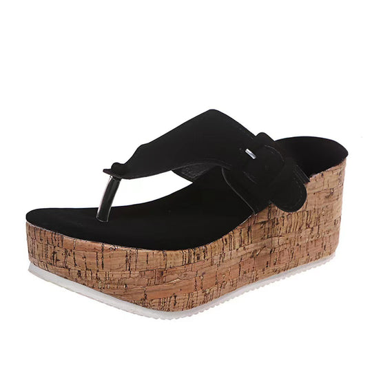 Damen komfortable Zehentrenner-Sandalen mit Kork-Plateau R&B