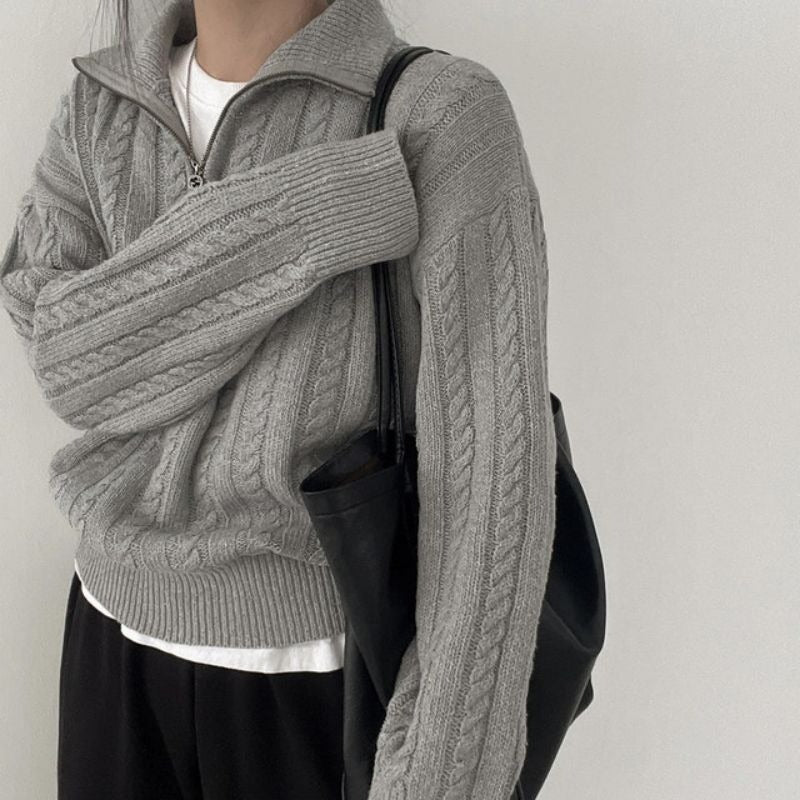 Damen kuscheliger Strickpullover mit hochschließendem Kragen und Zipper R&B