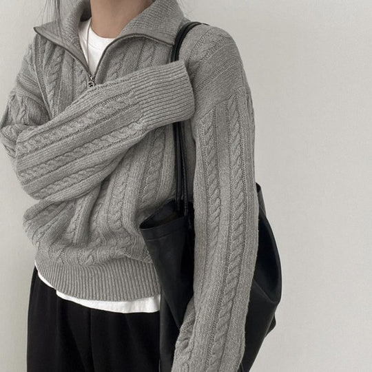 Damen kuscheliger Strickpullover mit hochschließendem Kragen und Zipper R&B