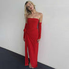 Damen Elegantes Schulterfreies Abendkleid mit Raffung und hohem Schlitz R&B