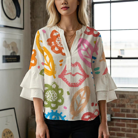 Damen Bluse mit voluminösen Rüschenärmeln und floralem Muster R&B