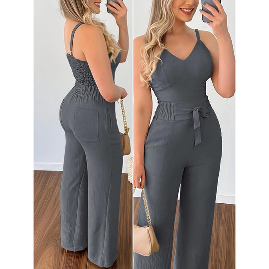 Damen eleganter Jumpsuit mit Taillengürtel und weitem Bein R&B