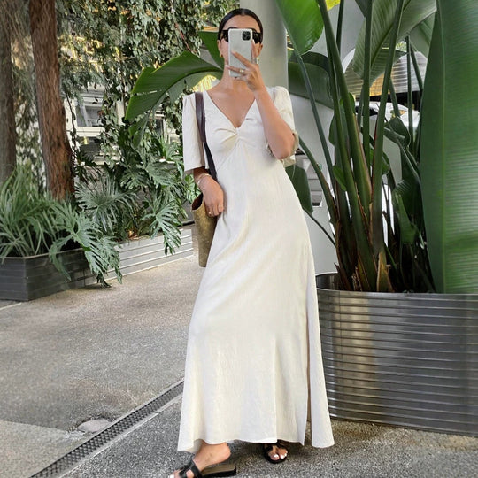 Damen Maxikleid mit fließenden Ärmeln und V-Ausschnitt R&B