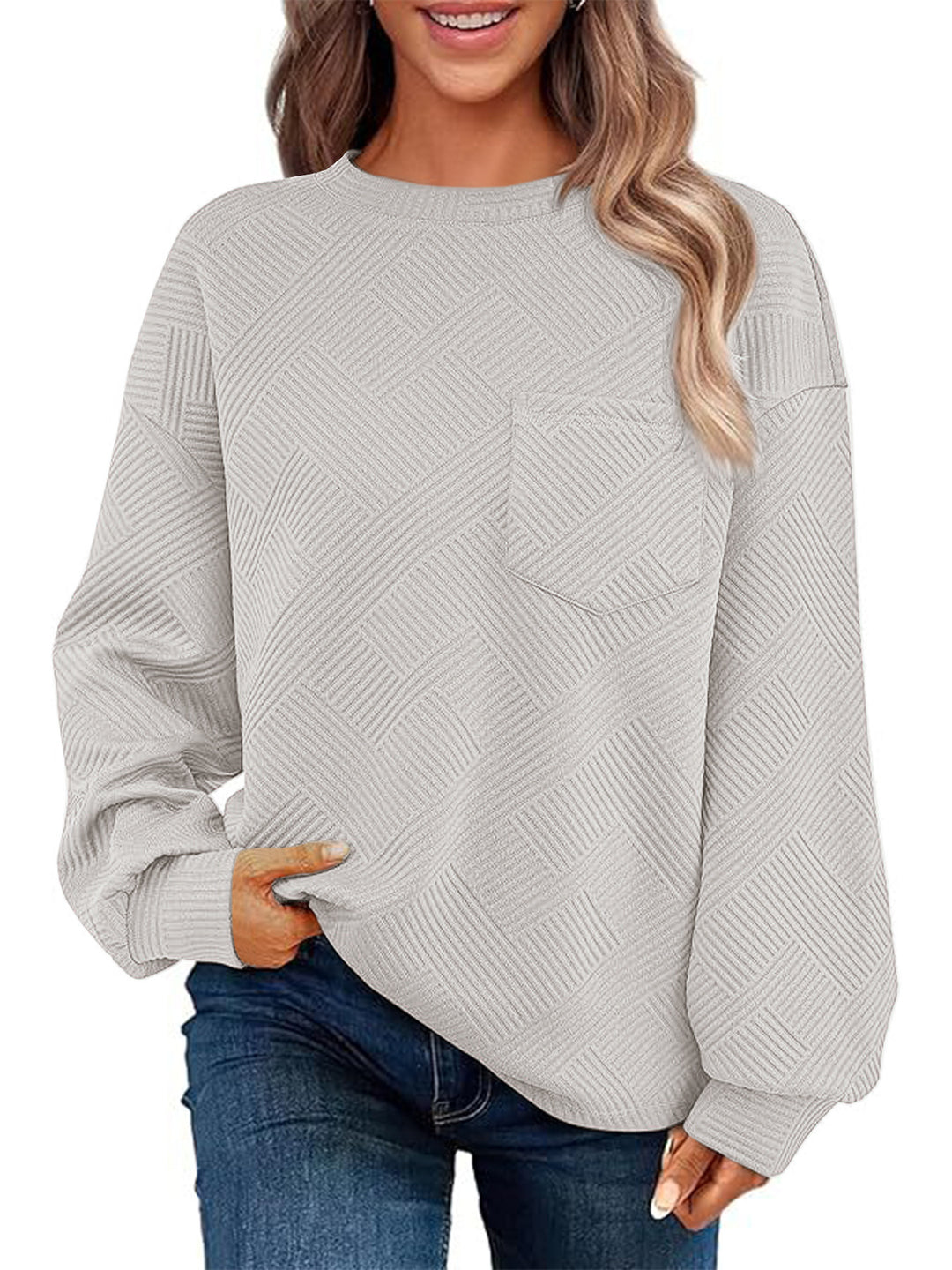 Damen Lässiger Pullover mit strukturiertem Muster und praktischen Taschen R&B