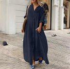 R&B | Einreiher Baumwoll-Leinen Plus Size Langkleid