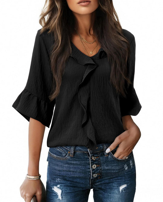 Damen Luftiges Blusenshirt mit Rüschendetails und V-Ausschnitt R&B