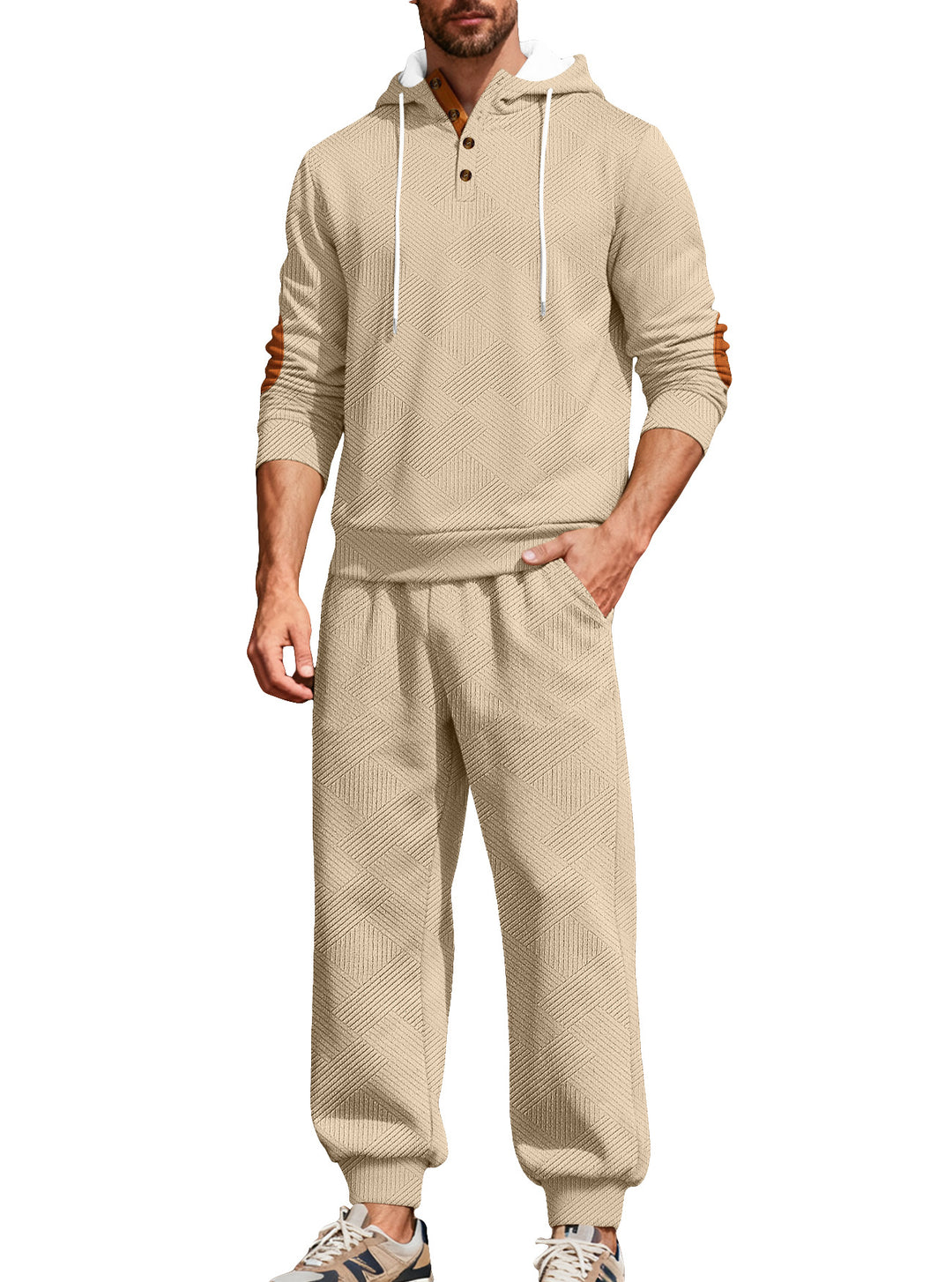 Herren nan strukturiertes Kapuzen-Joggingset mit Henley-Knopfleiste und Kontrast-Ellenbogenpatches R&B