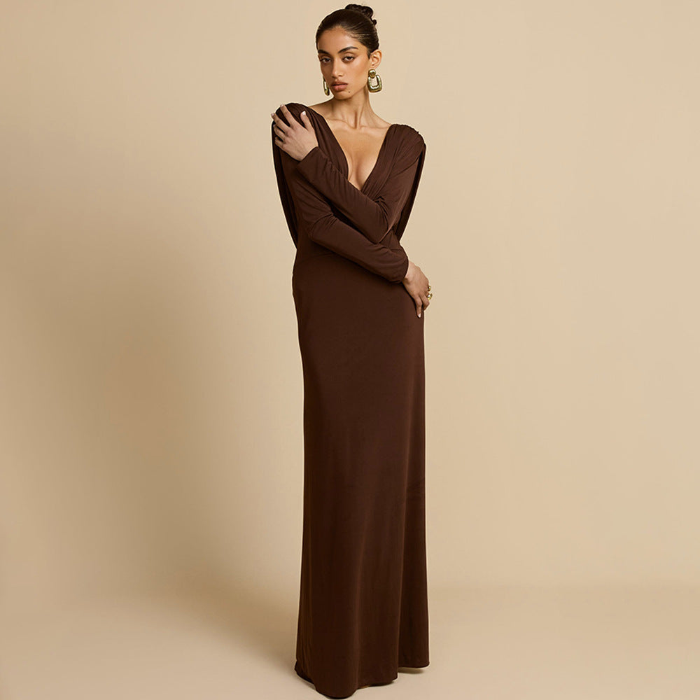 Damen Elegantes Maxikleid mit tiefem V-Ausschnitt und langen Ärmeln R&B