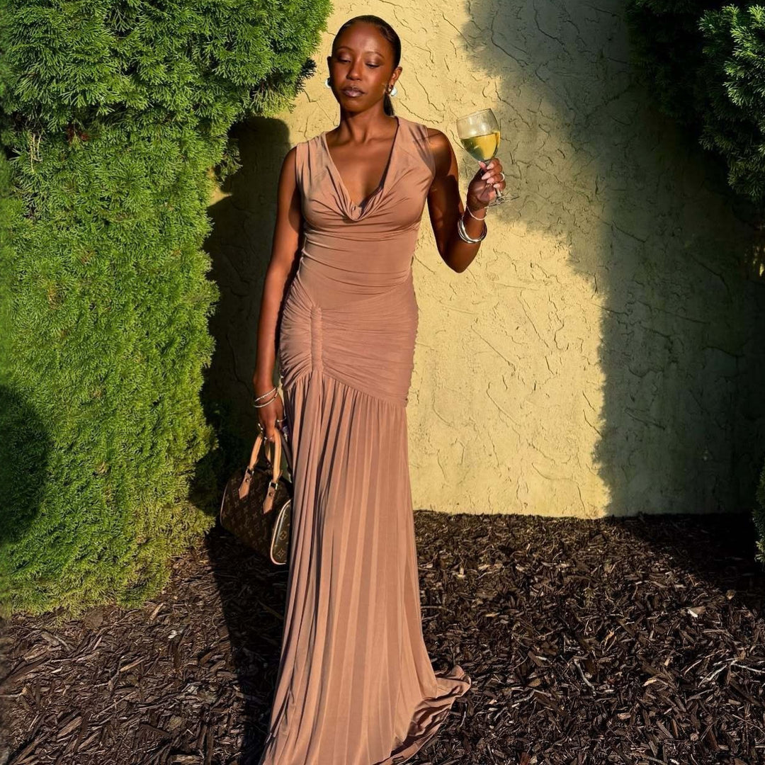 Damen Maxikleid mit eleganter Drapierung und schickem V-Ausschnitt R&B