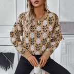 Damen lässiger Pullover mit floralem Muster und Rundhalsausschnitt