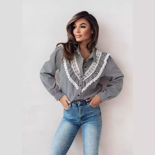 Damen Bluse mit raffinierten Spitzenakzenten und karierter Gestaltung R&B