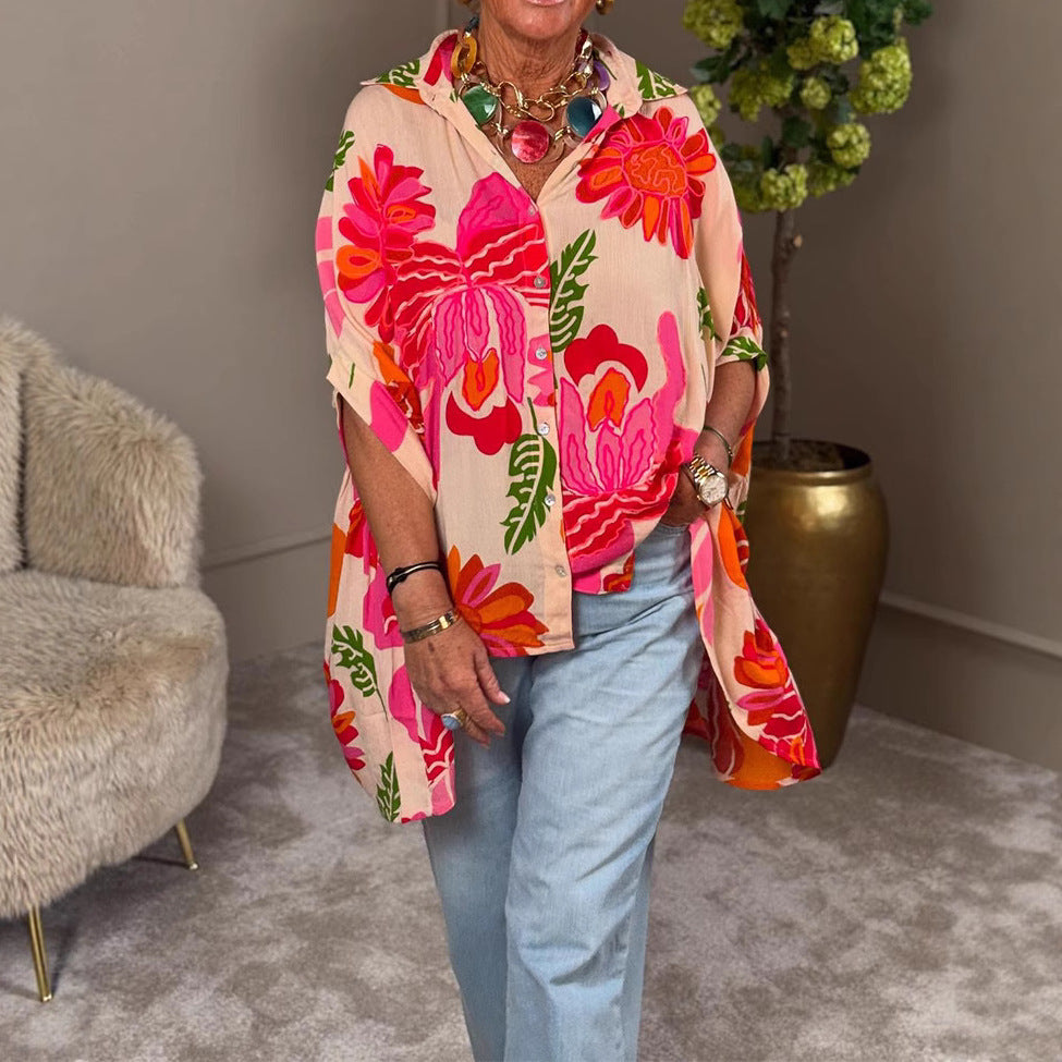 Damen Übergroßes Hemdblusenshirt mit floralem Print und kurzer Knopfleiste Heidi-Mode