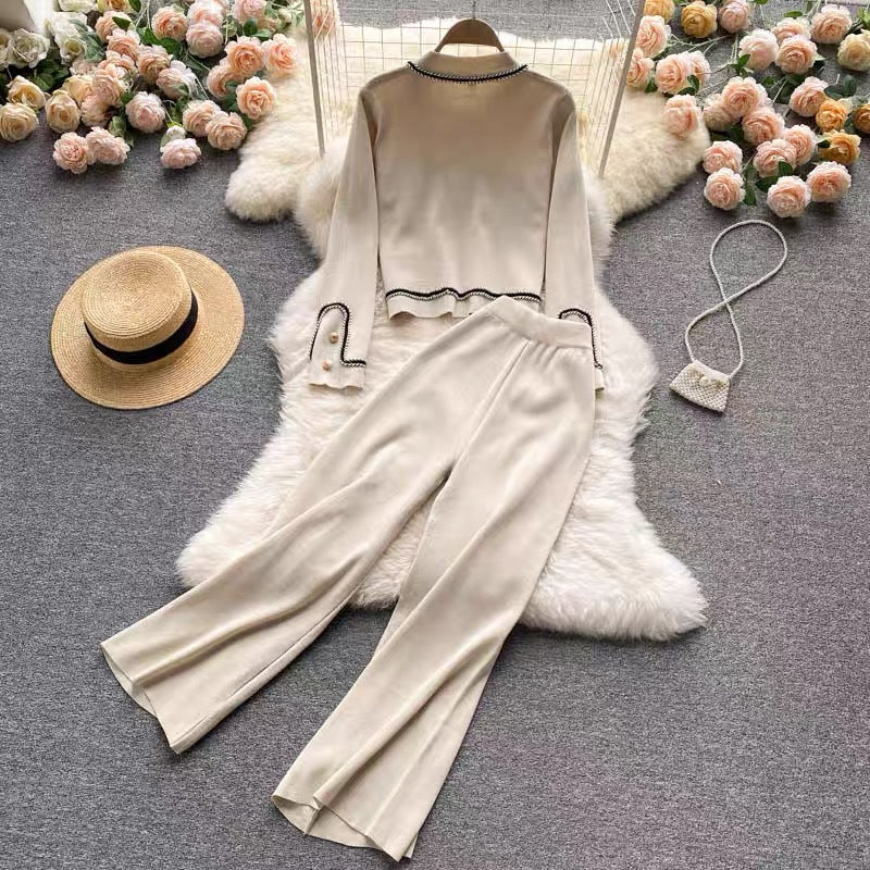 Damen elegantes Strick-Loungewear-Set mit feinen Knopfdetails und weitem Bein R&B