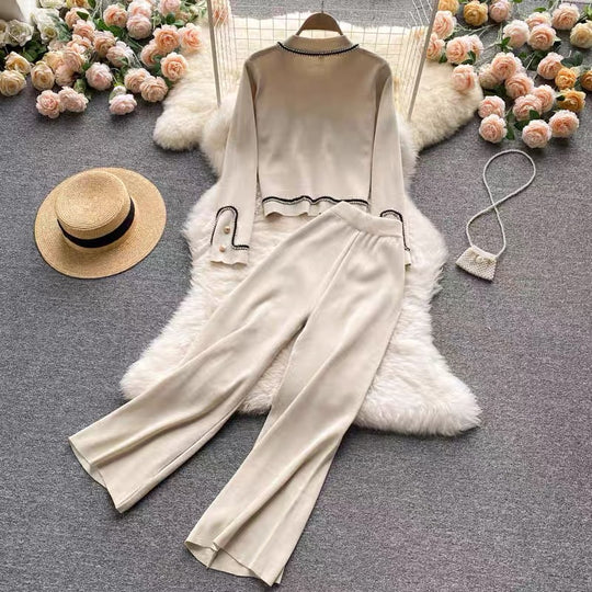 Damen elegantes Strick-Loungewear-Set mit feinen Knopfdetails und weitem Bein R&B