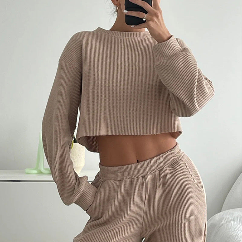 Damen lässiges Waffelpique-Set mit cropped Oberteil und bequemen Hosen R&B