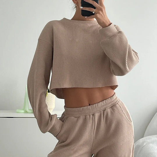 Damen lässiges Waffelpique-Set mit cropped Oberteil und bequemen Hosen R&B