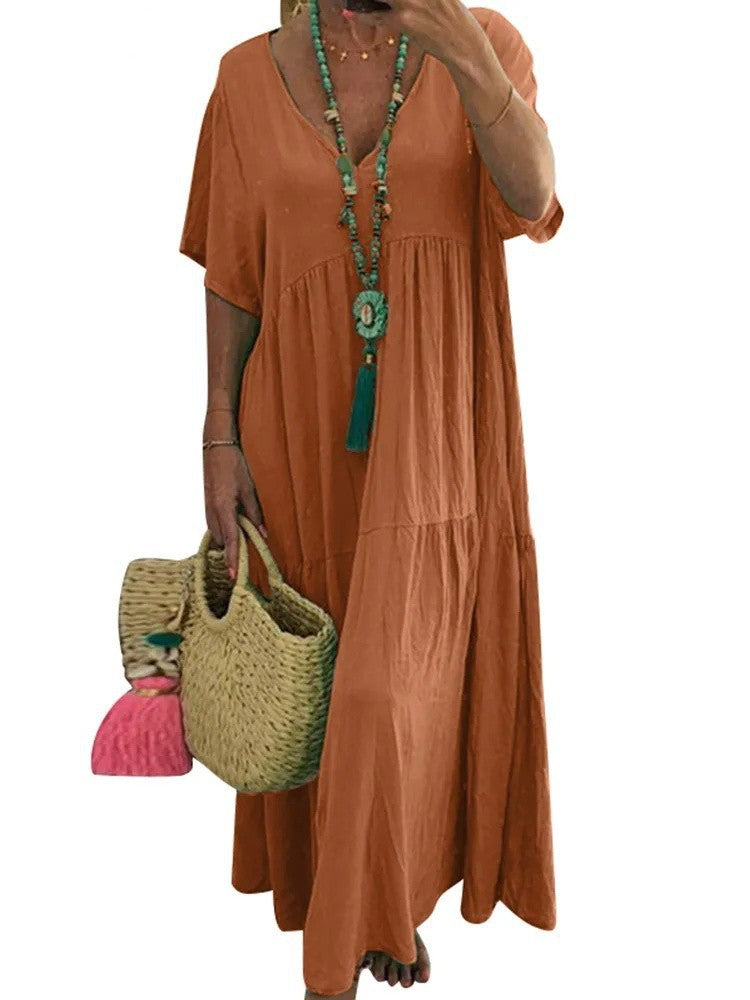 Damen luftiges Boho-Maxikleid mit schwingendem Saum und tiefem V-Ausschnitt R&B
