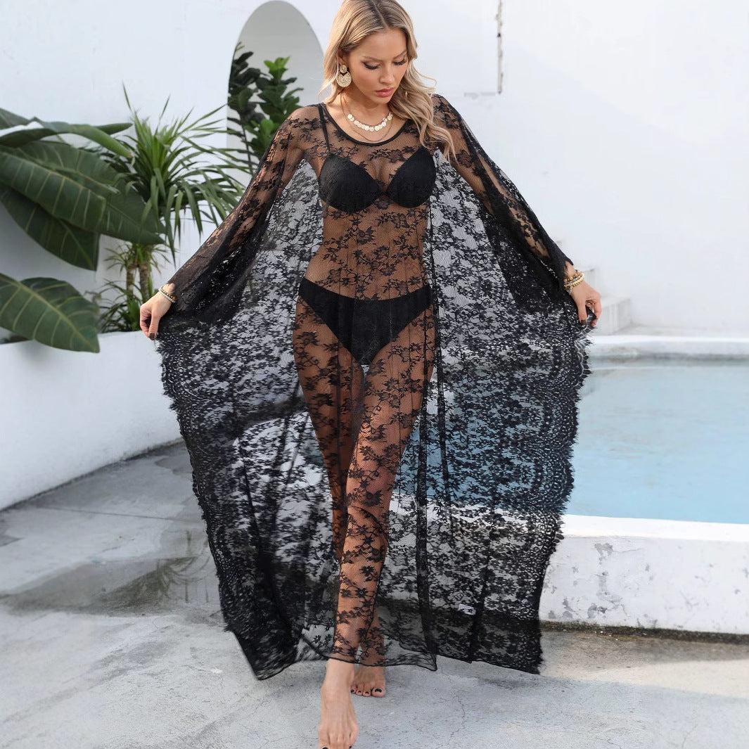 Damen transparenter Häkel-Kaftan R&B