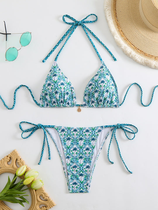 Damen Triangel-Bikini mit liebevollem Blumenmuster und verstellbaren Trägern R&B