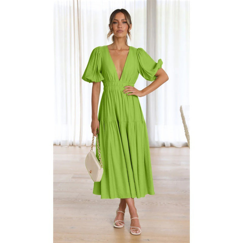 Damen Midi-Kleid mit Puffärmeln und tiefem V-Ausschnitt R&B