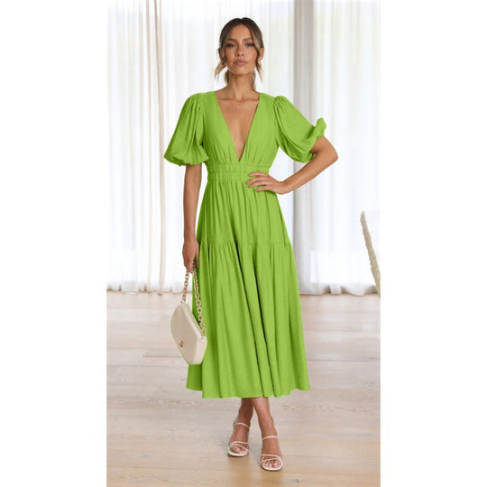 Damen Midi-Kleid mit Puffärmeln und tiefem V-Ausschnitt R&B