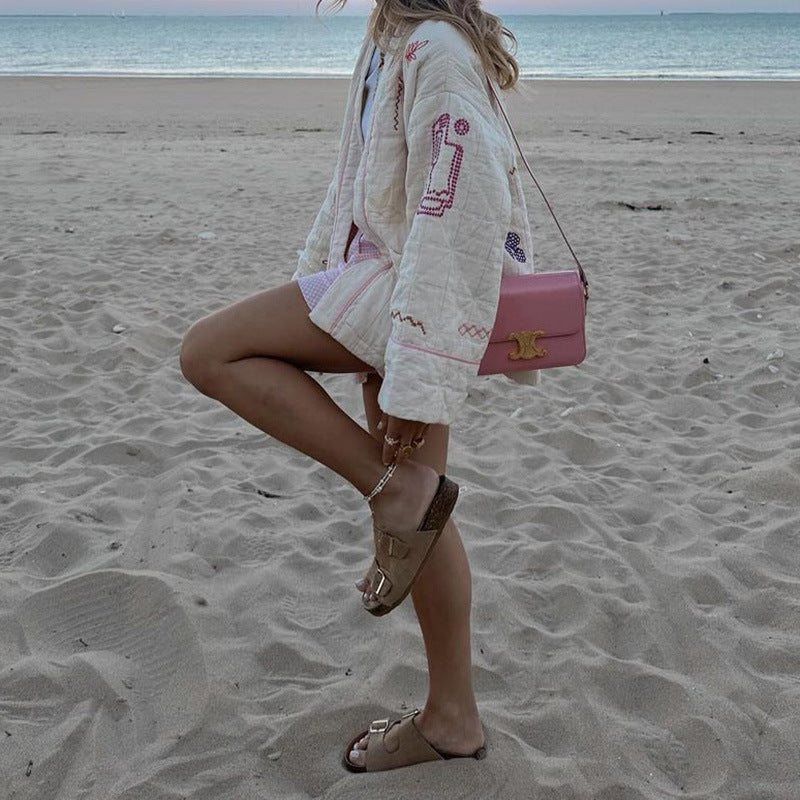Damen Modische Kimono-Jacke mit bunten Stickdetails und Taschen R&B