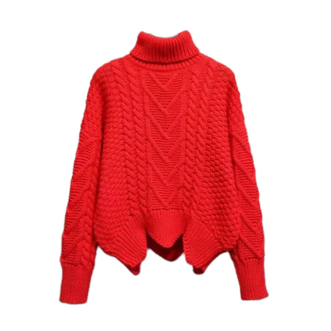 Damen Großer Pullover mit Hohem Kragen und Strickmuster R&B