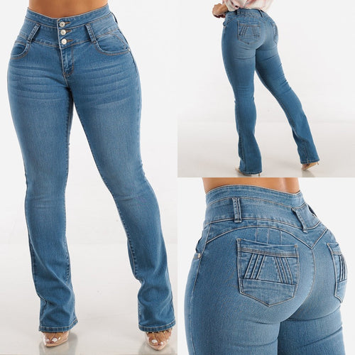 Damen Hochtaillierte Bootcut Jeans mit eleganten Knopfdetails R&B