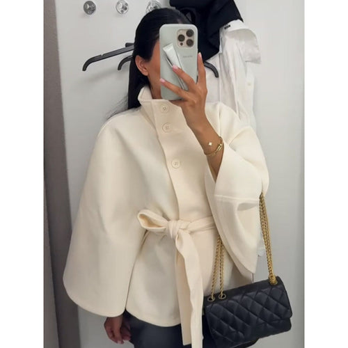 Damen elegante Cape-Jacke mit Knoten-Detail und voluminösen Ärmeln R&B