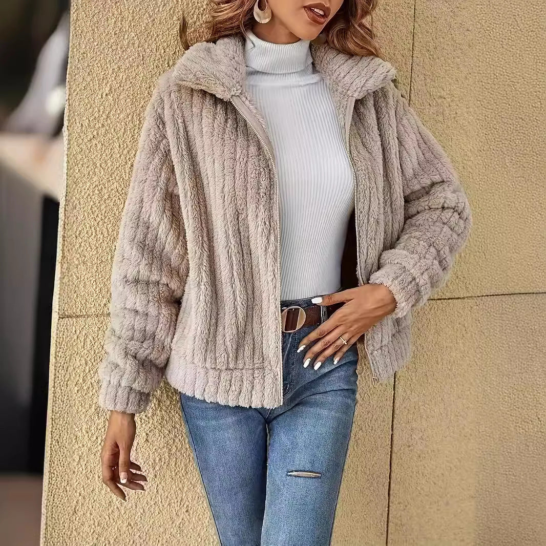 Damen kuschelige Fleecejacke mit Reißverschluss und geripptem Innenfutter