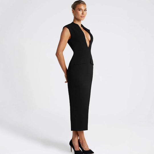 Damen elegantes Figurbetontes Kleid mit tiefem V-Ausschnitt und praktischen Taschen R&B
