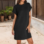Damen lässiges Minikleid mit strukturiertem Stoff und umschlagbaren Ärmeln R&B