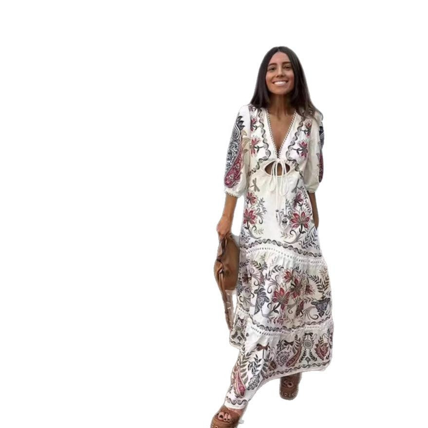 Damen Maxikleid mit floralen Stickereien und V-Ausschnitt R&B