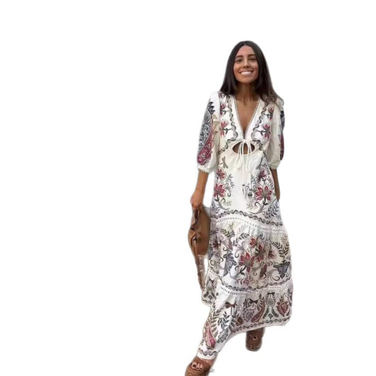 Damen Maxikleid mit floralen Stickereien und V-Ausschnitt R&B